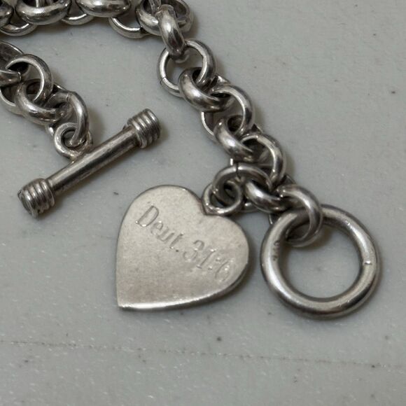 Vintage Sterling Heavy Rolo Bracelet With Heart Engraved Charm - Picture 5 of 7